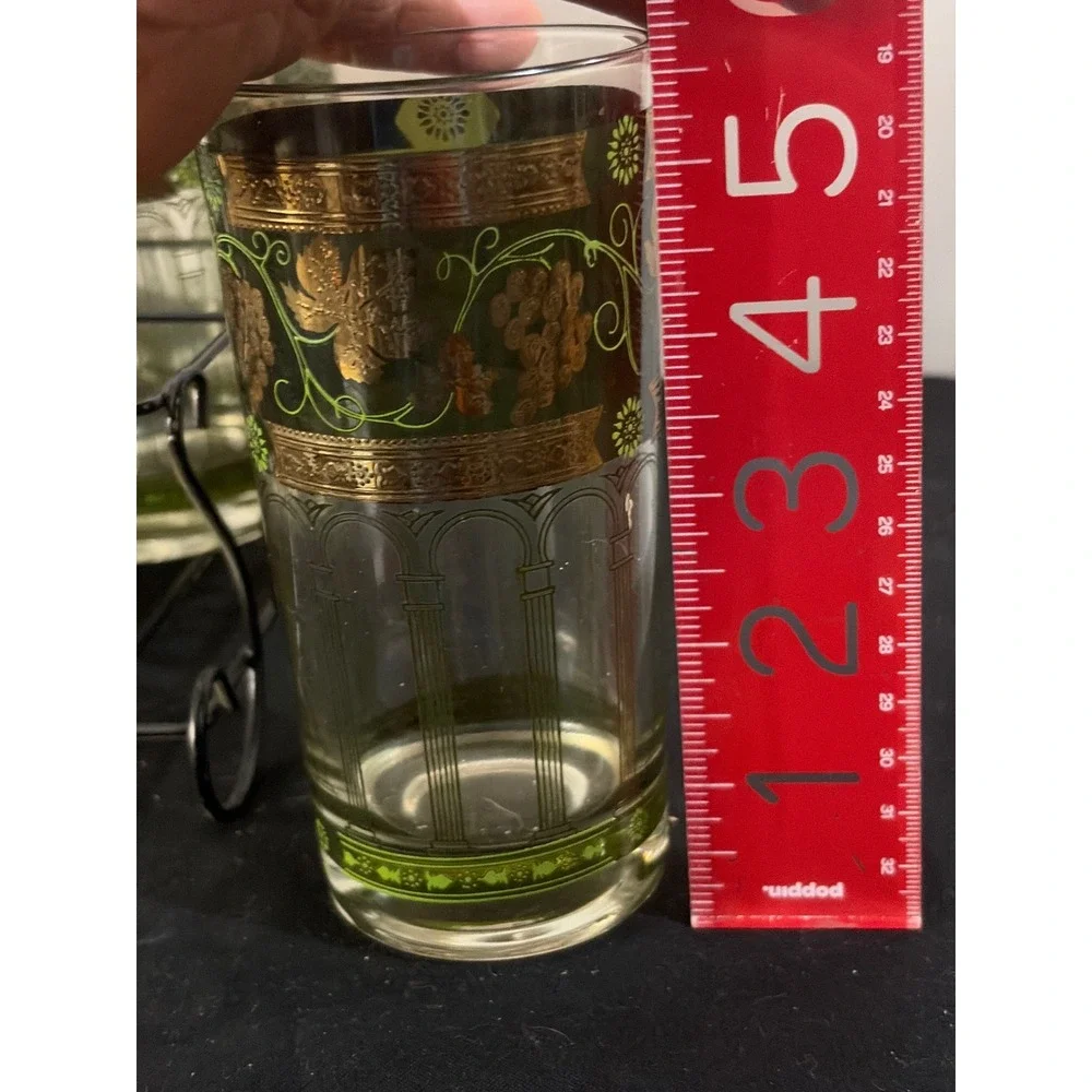 Vintage Cera Highball Glasses Set of 6 Green Gold Grape MCM Black‎ Metal Caddy
